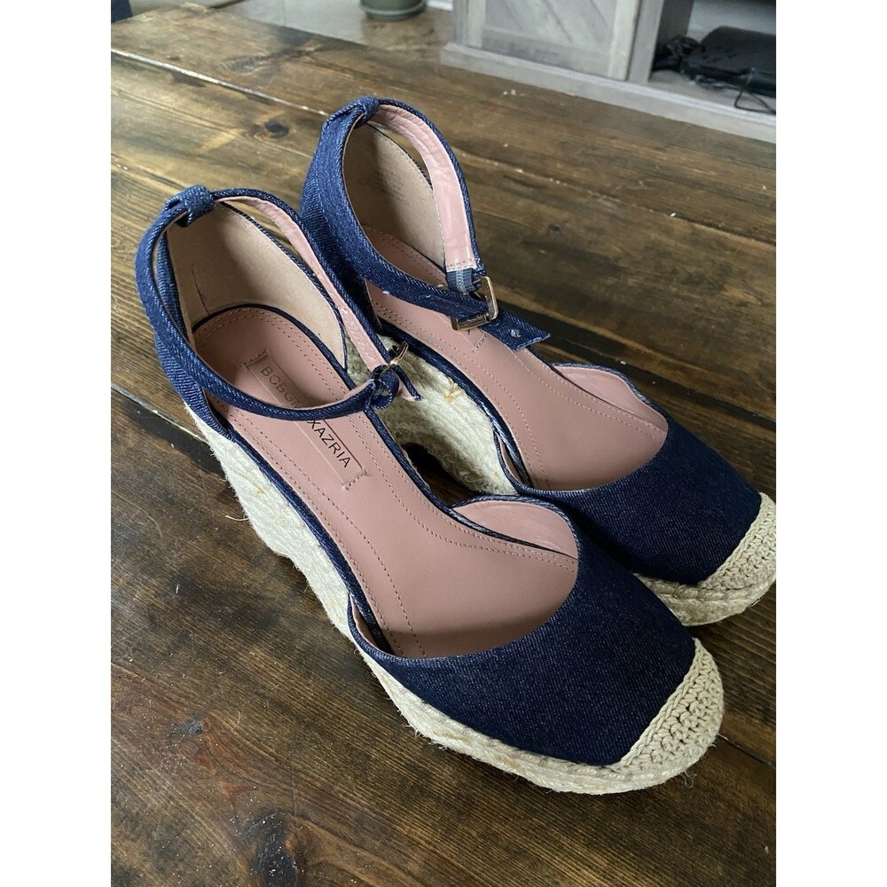 BCBGMAXAZRIA Women's Espadrille Wedge Sandals Denim Blue Ankle Strap Size 8